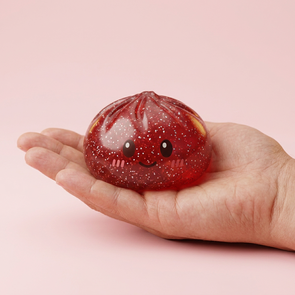 Glitter Dumpling Squishy Rot Glücksbringer in der Hand gehalten, echte Größe