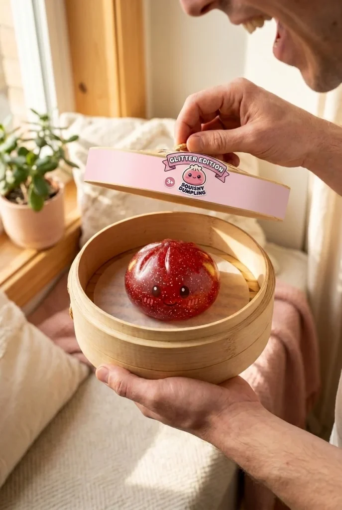 Glitter Dumpling Squishy Rot Glücksbringer beim Auspacken