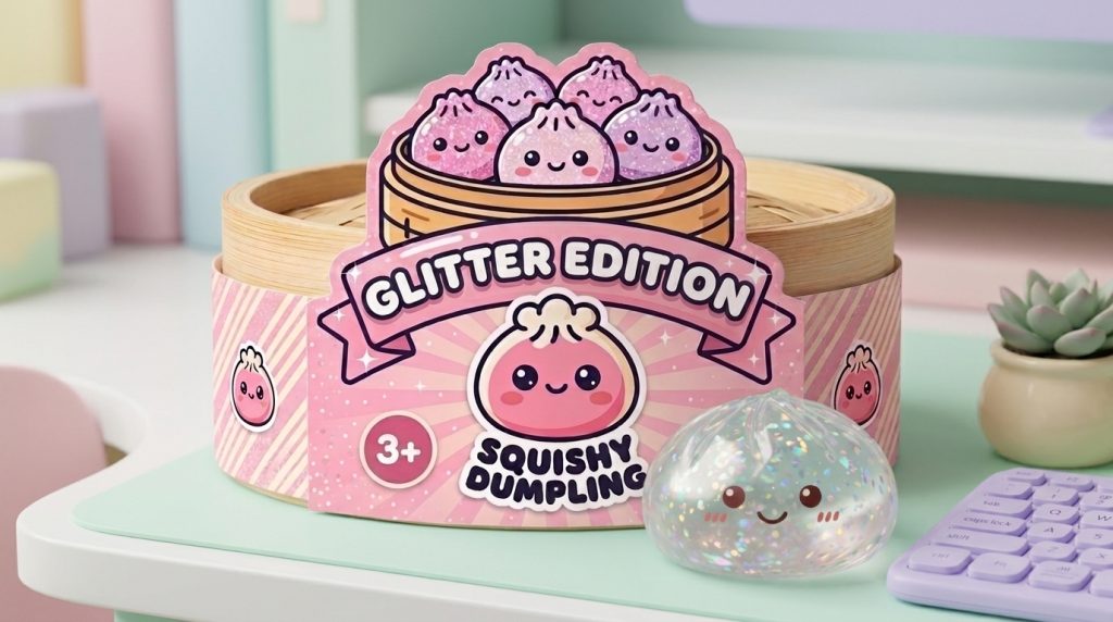 Glitter Dumpling Squishy Silber Metallic in seiner kawaii Umgebung