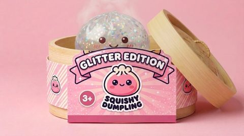 Glitter Dumpling Squishy Silber Metallic im Bambus-Dämpfkörbchen