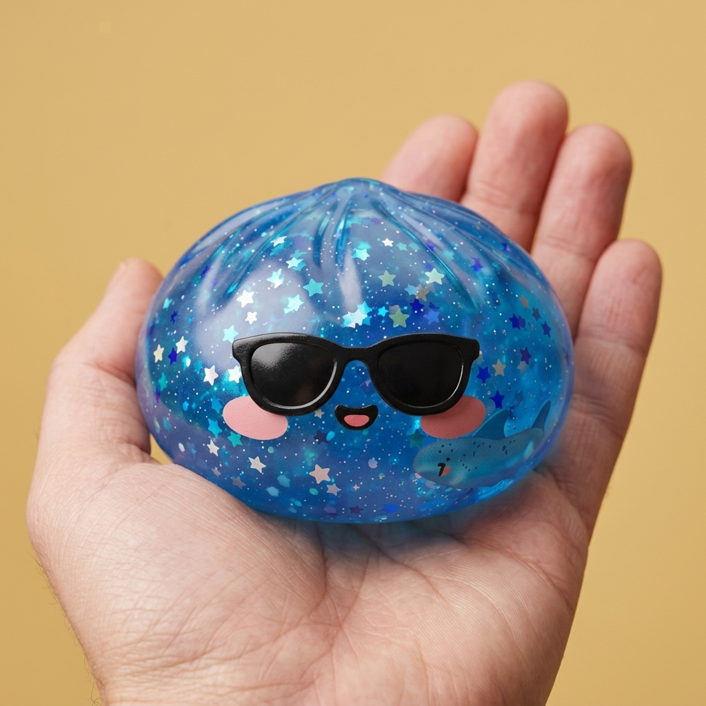 Sparkle Sonnenbrille Dumpling Squishy Blau in der Hand gehalten, echte Größe