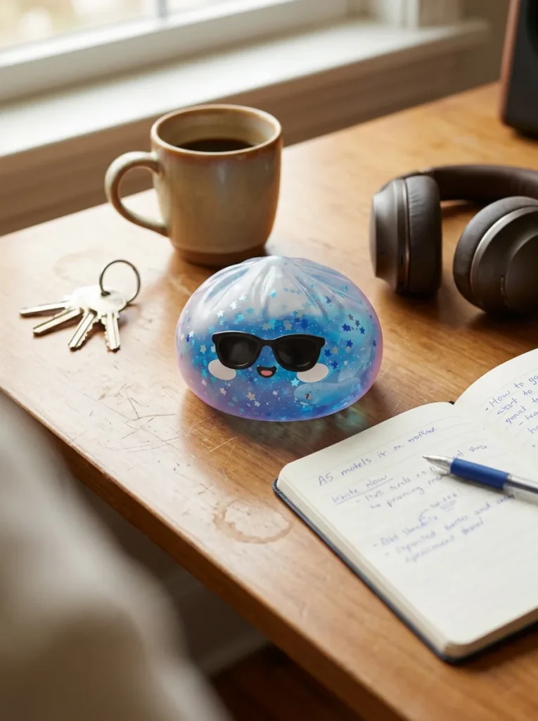 Sparkle Sonnenbrille Dumpling Squishy Blau auf dem Schreibtisch