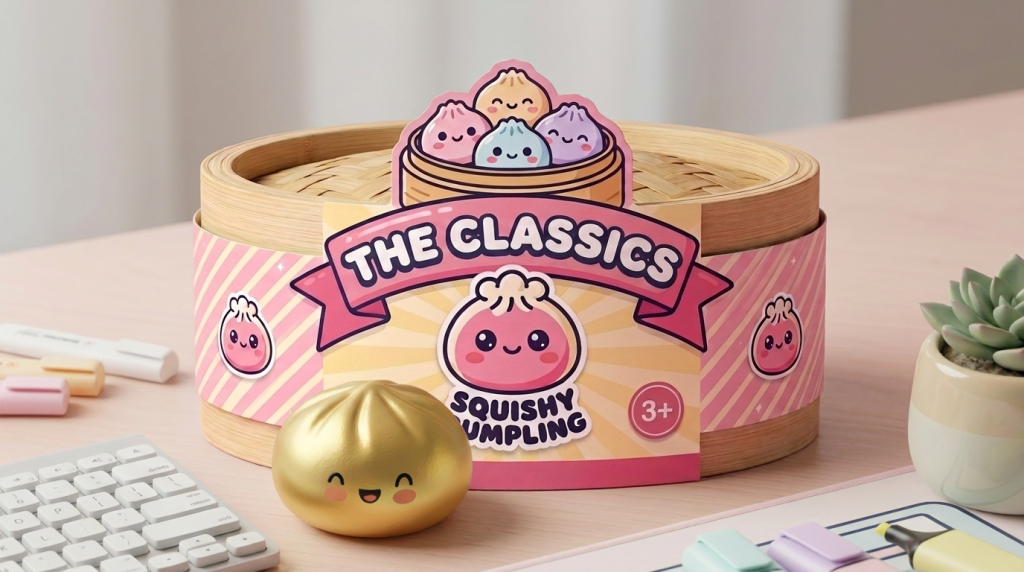 Dumpling Squishy Lucky Gold – Slow Rise Bun in seiner kawaii Umgebung