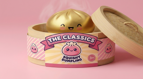 Dumpling Squishy Lucky Gold – Slow Rise Bun im Bambus-Dämpfkörbchen