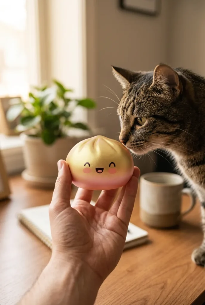 Dumpling Squishy Lucky Gold – Slow Rise Bun mit einem Kuscheltier