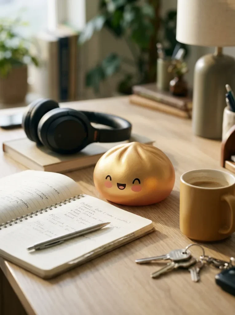 Dumpling Squishy Lucky Gold – Slow Rise Bun auf dem Schreibtisch