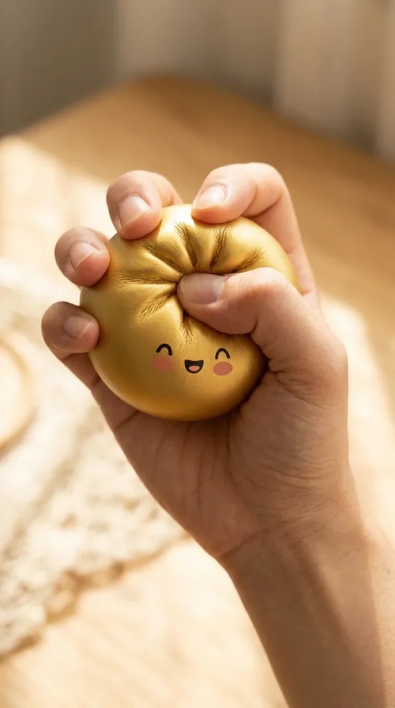 Dumpling Squishy Lucky Gold – Slow Rise Bun beim Drücken
