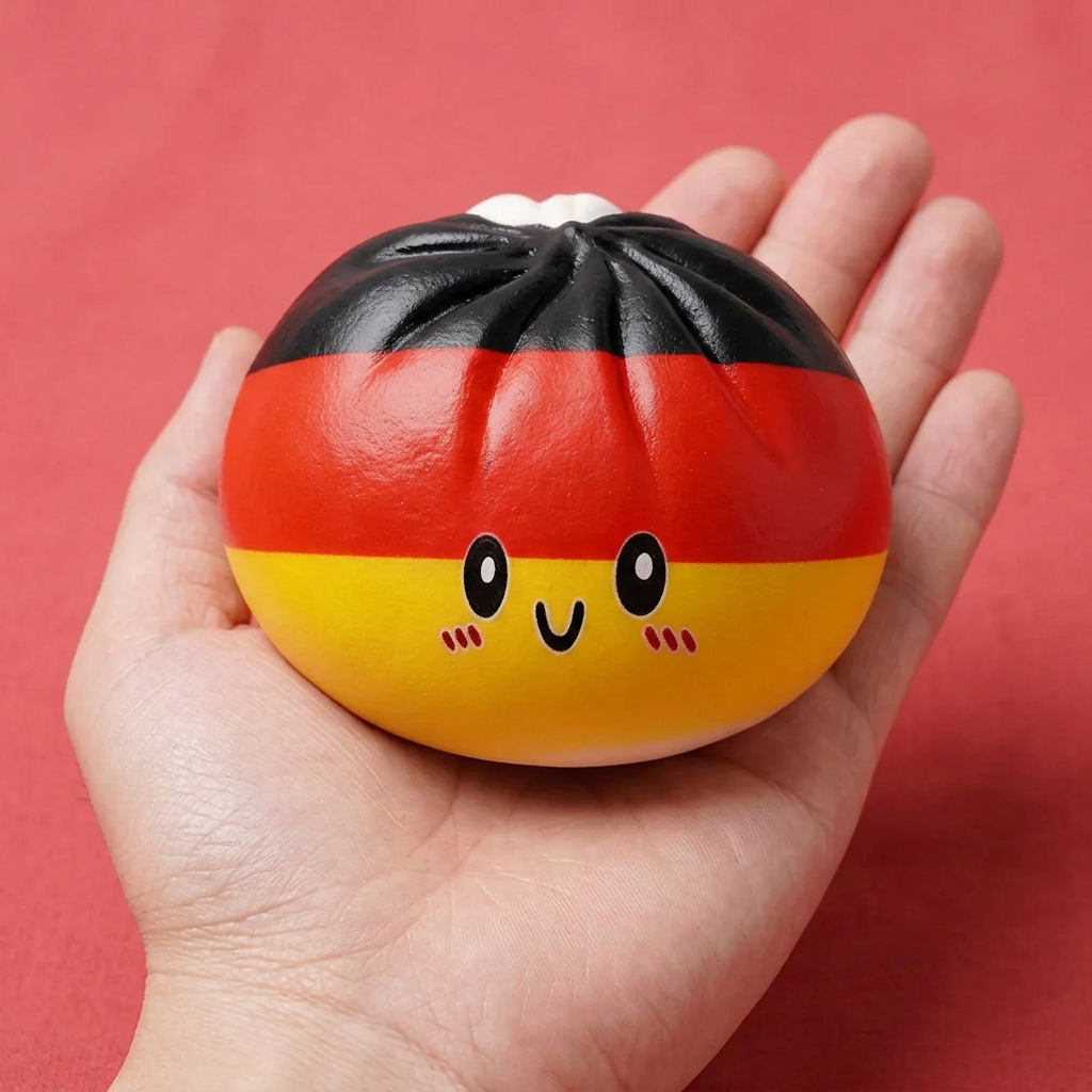 Flag Squishy Toy Dumpling Deutschland in der Hand gehalten, echte Größe