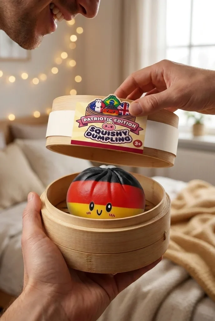 Flag Squishy Toy Dumpling Deutschland beim Auspacken