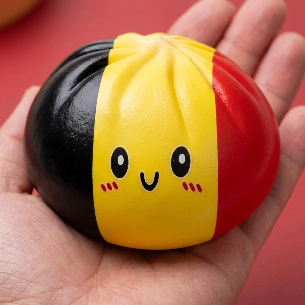 Squishy Dumpling Flag Belgien in der Hand gehalten, echte Größe