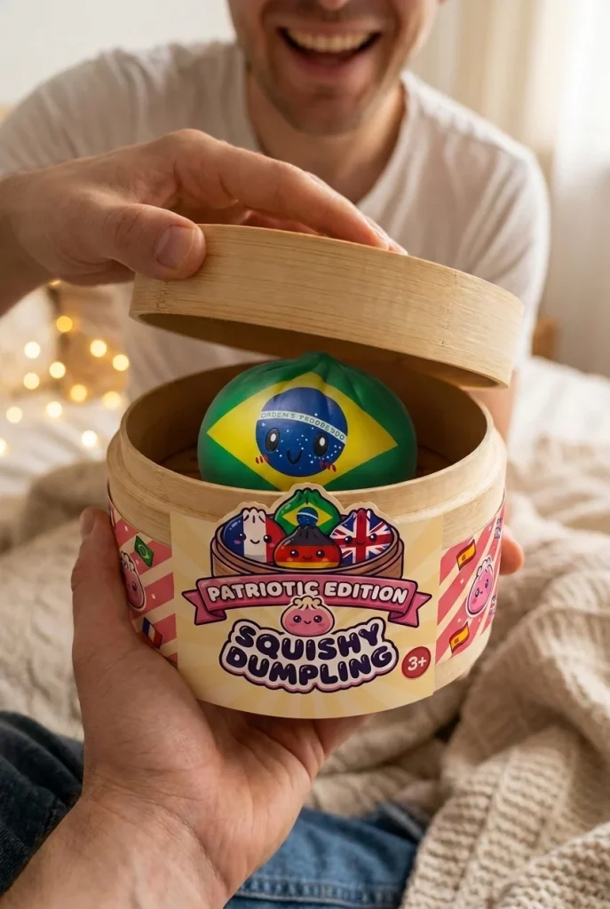 Dumpling Squishy Flag Brasilien beim Auspacken