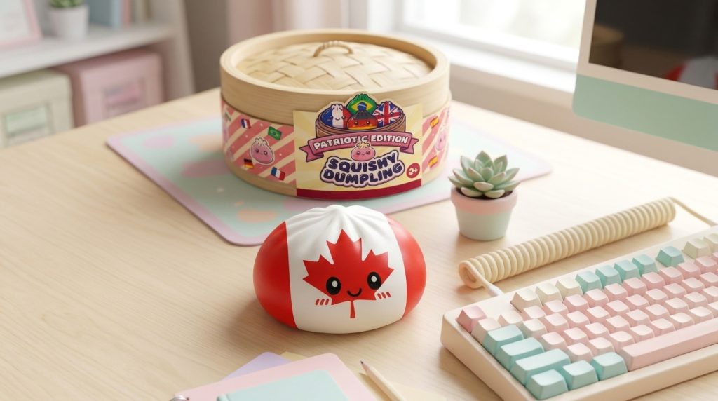 Flag Squishy Dumpling Kanada mit Bambuskorb in seiner kawaii Umgebung