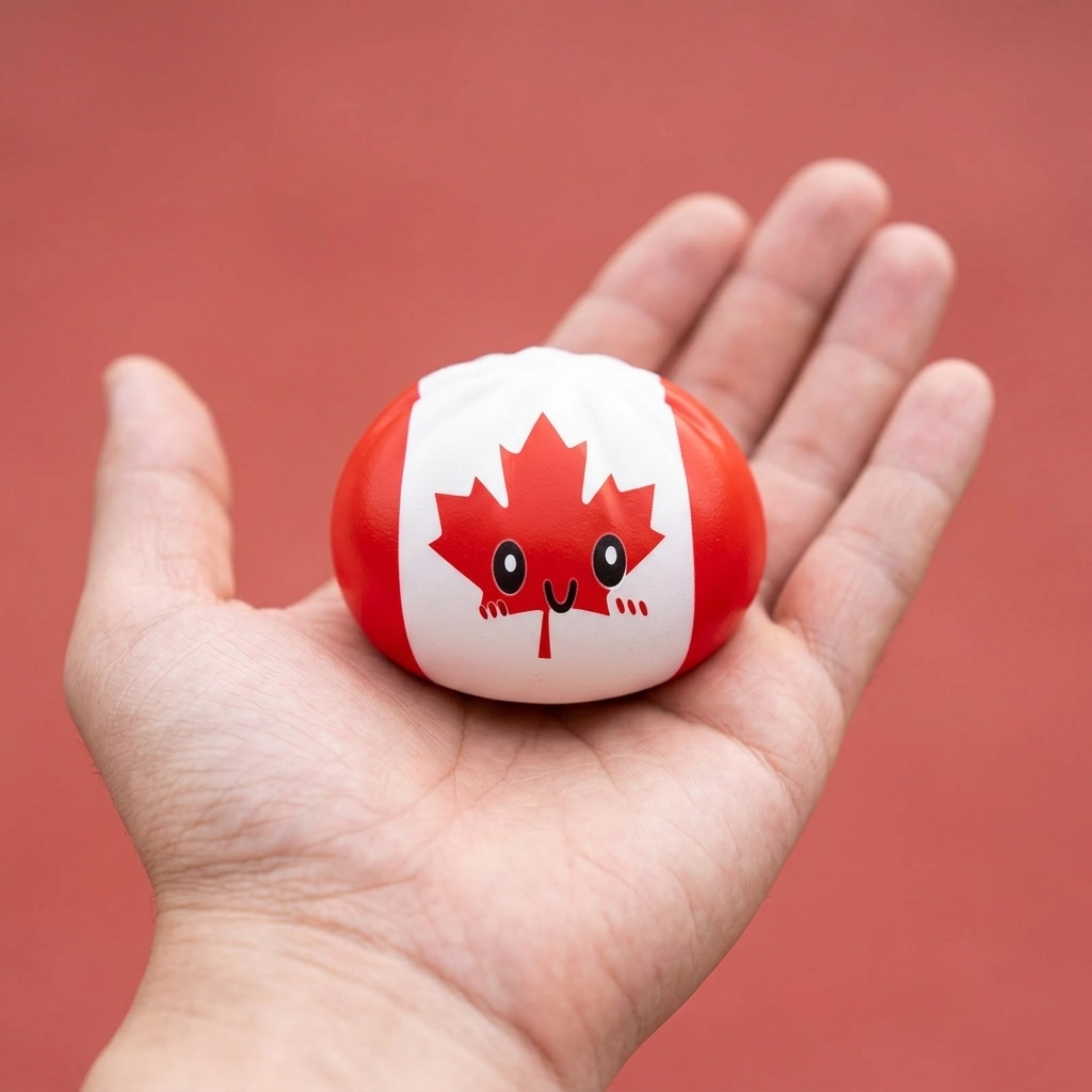 Flag Squishy Dumpling Kanada mit Bambuskorb in der Hand gehalten, echte Größe