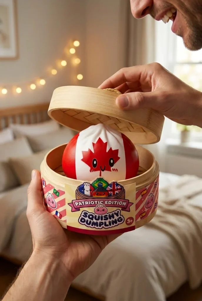 Flag Squishy Dumpling Kanada mit Bambuskorb beim Auspacken