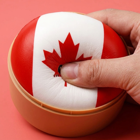 Flag Squishy Dumpling Kanada mit Bambuskorb — slow-rise Effekt, der Schaum federt langsam zurück
