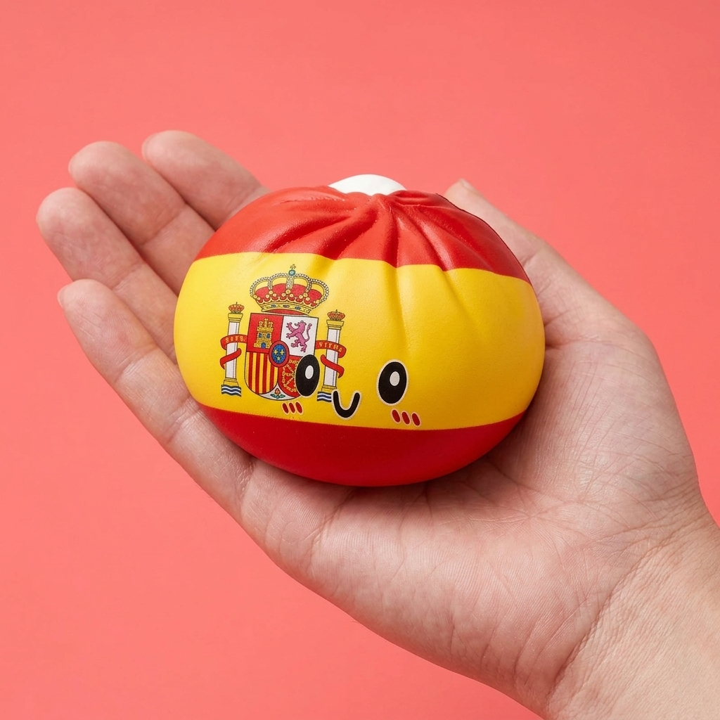 Squishy Flag Dumpling Spanien in der Hand gehalten, echte Größe
