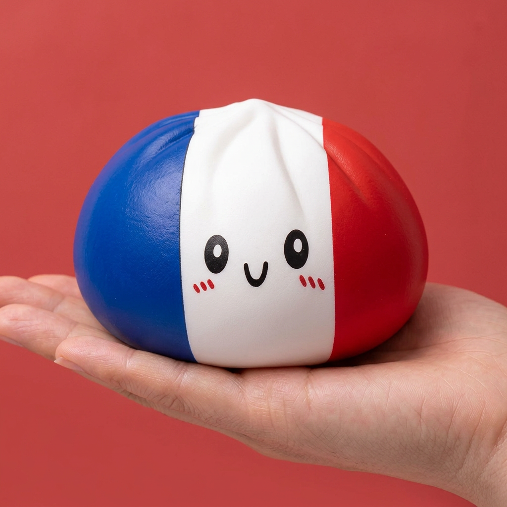 France Flag Squishy Dumpling Trikolore in der Hand gehalten, echte Größe