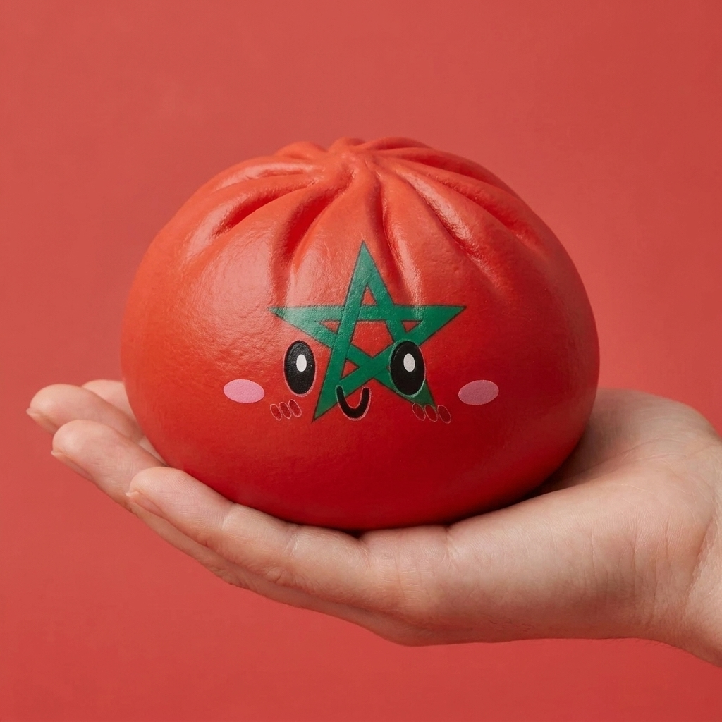 Flag Squishy Dumpling Marokko in der Hand gehalten, echte Größe