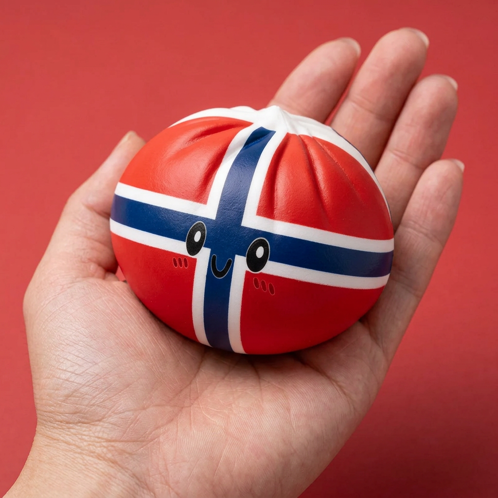 Flag Squishy Dumpling Norwegen in der Hand gehalten, echte Größe