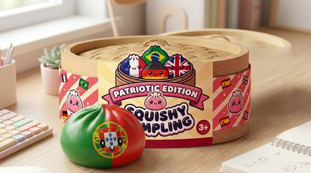 Squishy Dumpling Portugal – Flagge zum Drücken in seiner kawaii Umgebung