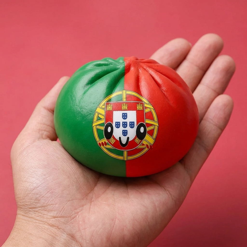 Squishy Dumpling Portugal – Flagge zum Drücken in der Hand gehalten, echte Größe
