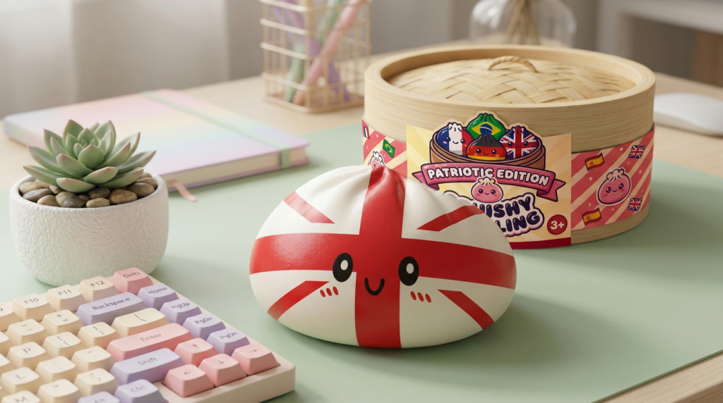 Flag Squishy Toy Dumpling Großbritannien in seiner kawaii Umgebung