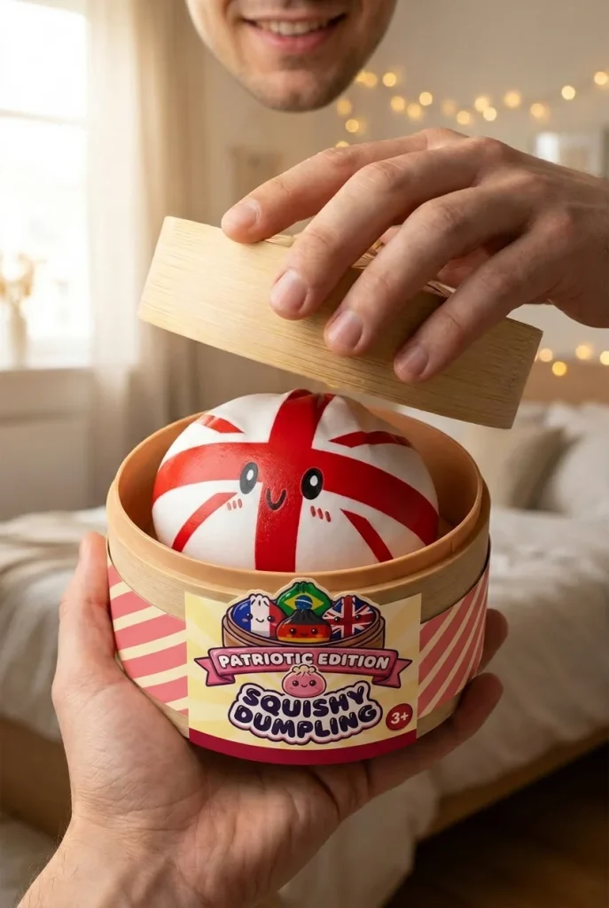 Flag Squishy Toy Dumpling Großbritannien beim Auspacken