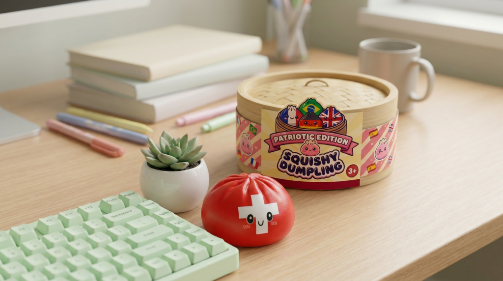 Flag Squishy Toy Schweiz – Dumpling mit Schweizer Kreuz in seiner kawaii Umgebung