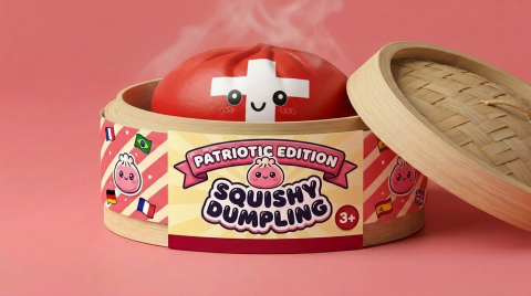 Flag Squishy Toy Schweiz – Dumpling mit Schweizer Kreuz im Bambus-Dämpfkörbchen
