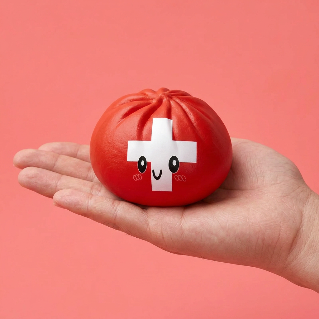 Flag Squishy Toy Schweiz – Dumpling mit Schweizer Kreuz in der Hand gehalten, echte Größe