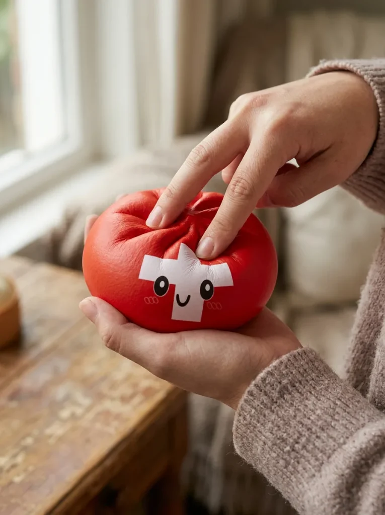 Flag Squishy Toy Schweiz – Dumpling mit Schweizer Kreuz beim Drücken