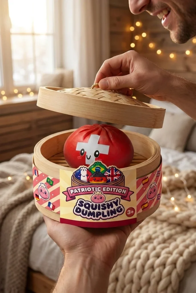 Flag Squishy Toy Schweiz – Dumpling mit Schweizer Kreuz beim Auspacken