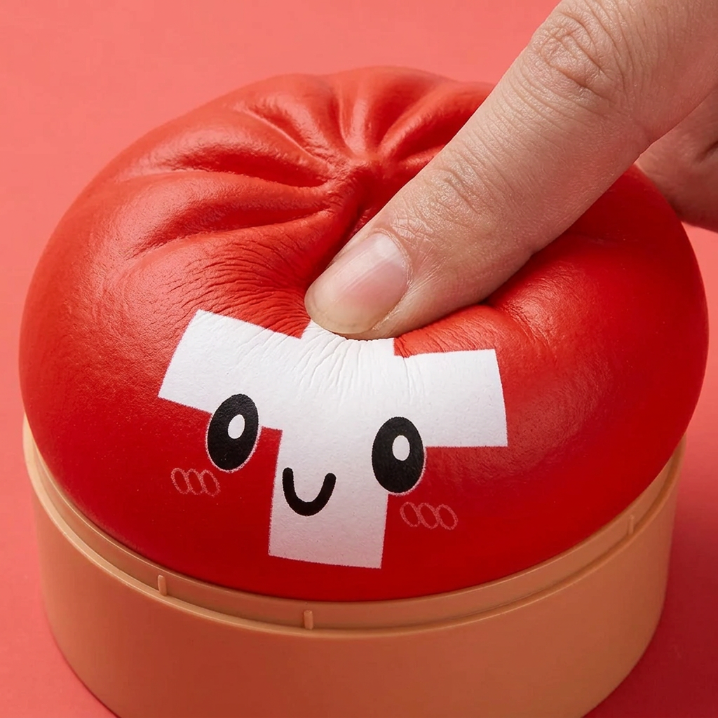 Flag Squishy Toy Schweiz – Dumpling mit Schweizer Kreuz — slow-rise Effekt, der Schaum federt langsam zurück