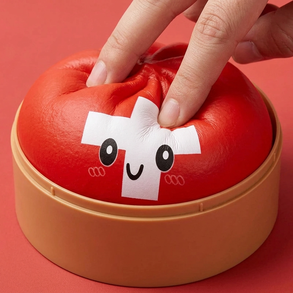 Flag Squishy Toy Schweiz – Dumpling mit Schweizer Kreuz beim Drücken, weiches Material