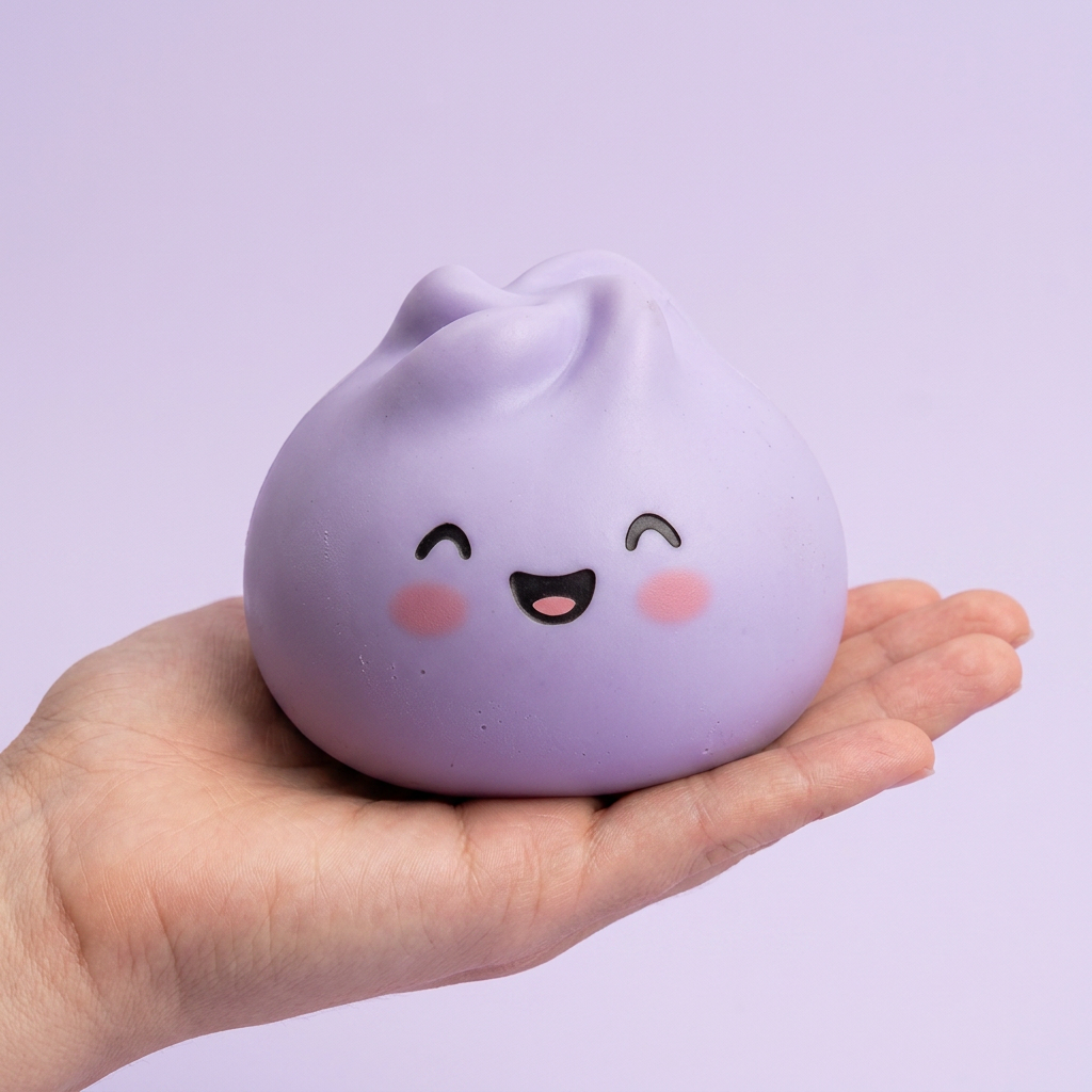 Dumpling Squishy Mystery Kuschel-Überraschung in der Hand gehalten, echte Größe