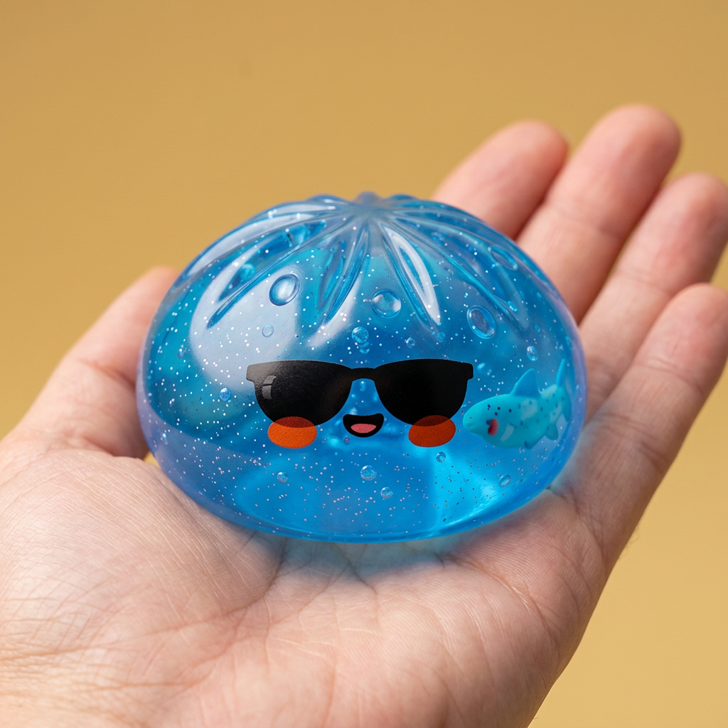 Dumpling Squishy Sonnenbrille Chill in der Hand gehalten, echte Größe
