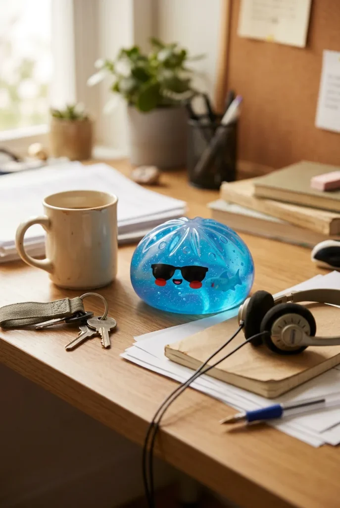 Dumpling Squishy Sonnenbrille Chill auf dem Schreibtisch
