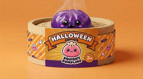 Dumpling Squishy Vampire Halloween Glitter im Bambus-Dämpfkörbchen