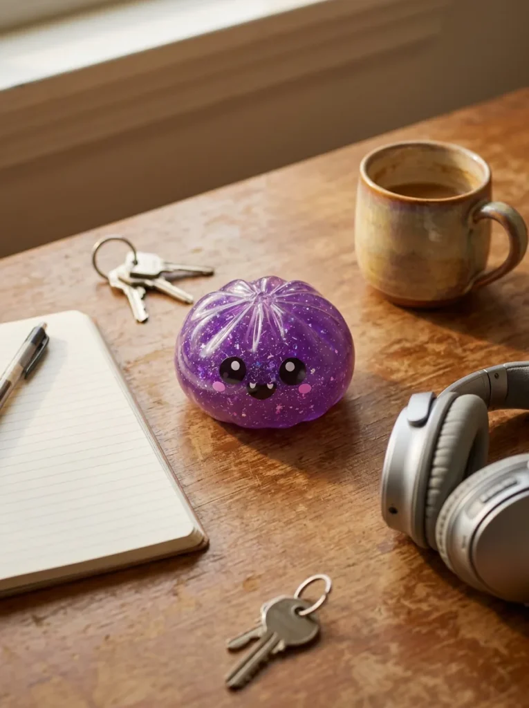 Dumpling Squishy Vampire Halloween Glitter auf dem Schreibtisch