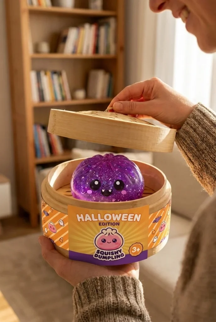 Dumpling Squishy Vampire Halloween Glitter beim Auspacken