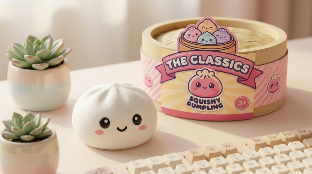 Dumpling Squishy Schneeweiß mit Bambuskörbchen in seiner kawaii Umgebung