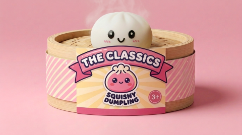 Dumpling Squishy Schneeweiß mit Bambuskörbchen im Bambus-Dämpfkörbchen