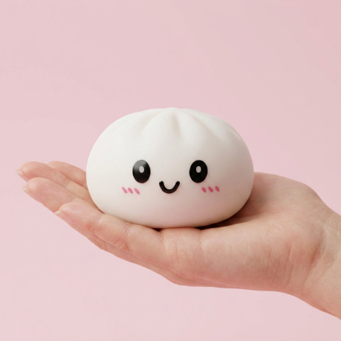 Dumpling Squishy Schneeweiß mit Bambuskörbchen in der Hand gehalten, echte Größe
