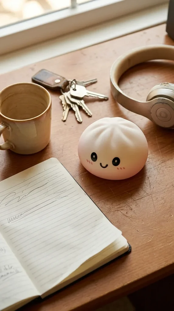 Dumpling Squishy Schneeweiß mit Bambuskörbchen auf dem Schreibtisch