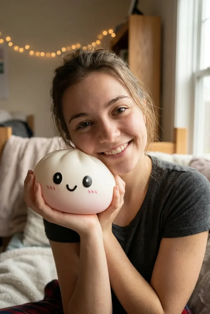 Dumpling Squishy Schneeweiß mit Bambuskörbchen im Alltag