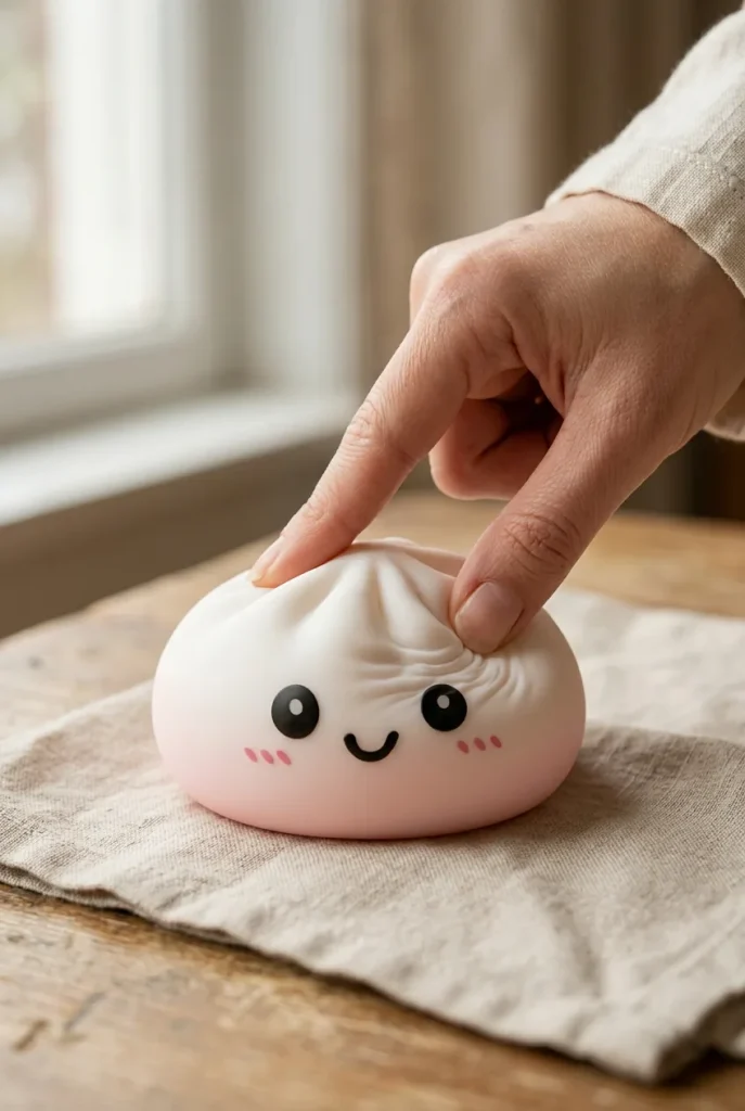 Dumpling Squishy Schneeweiß mit Bambuskörbchen beim Drücken