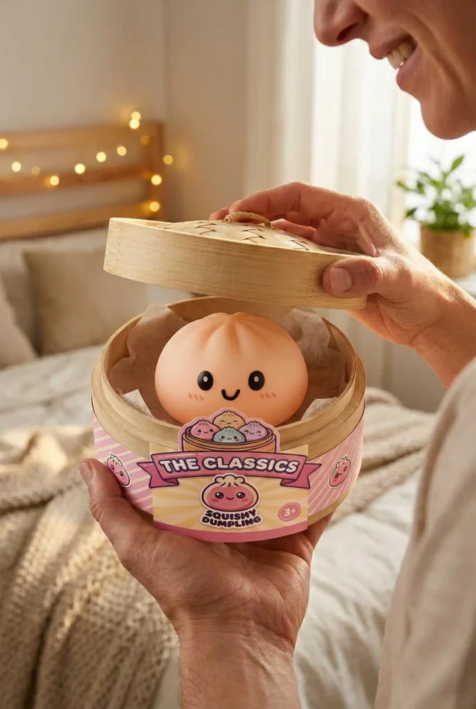 Dumpling Squishy Schneeweiß mit Bambuskörbchen beim Auspacken