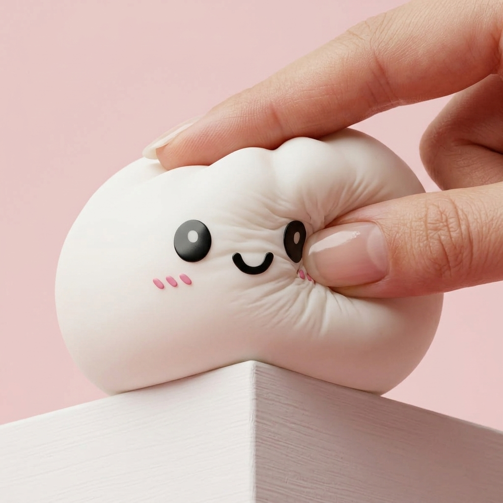 Dumpling Squishy Schneeweiß mit Bambuskörbchen — slow-rise Effekt, der Schaum federt langsam zurück