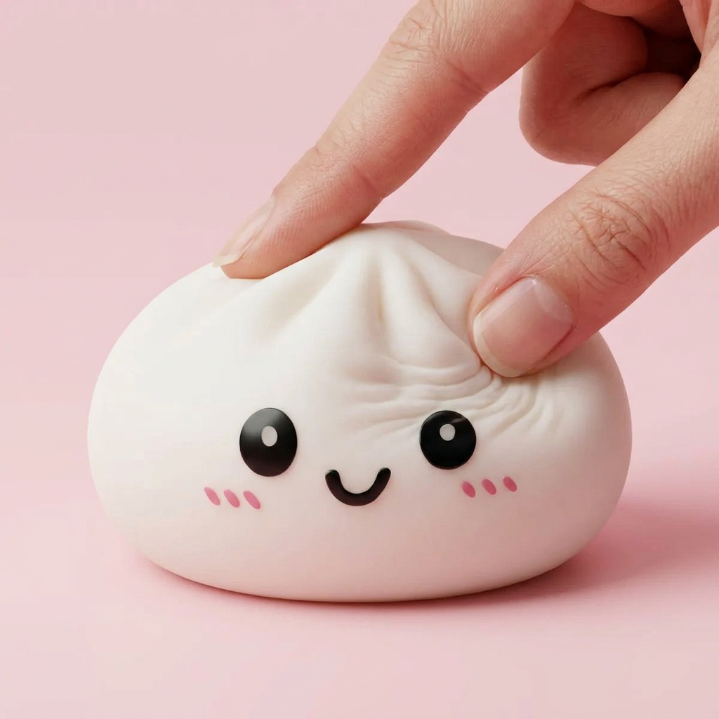 Dumpling Squishy Schneeweiß mit Bambuskörbchen beim Drücken, weiches Material