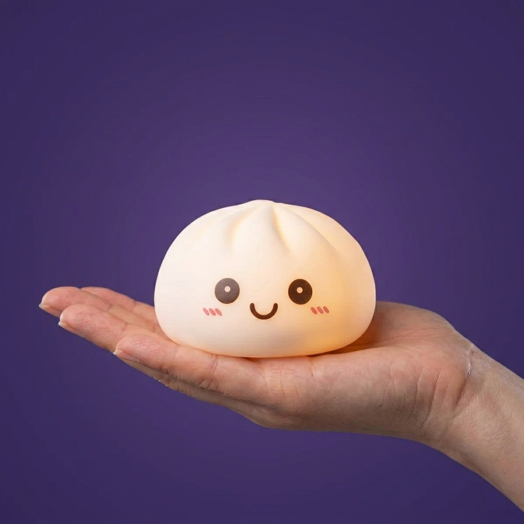 Dumpling Squishy Nachtlicht Weiß Mondlicht in der Hand gehalten, echte Größe